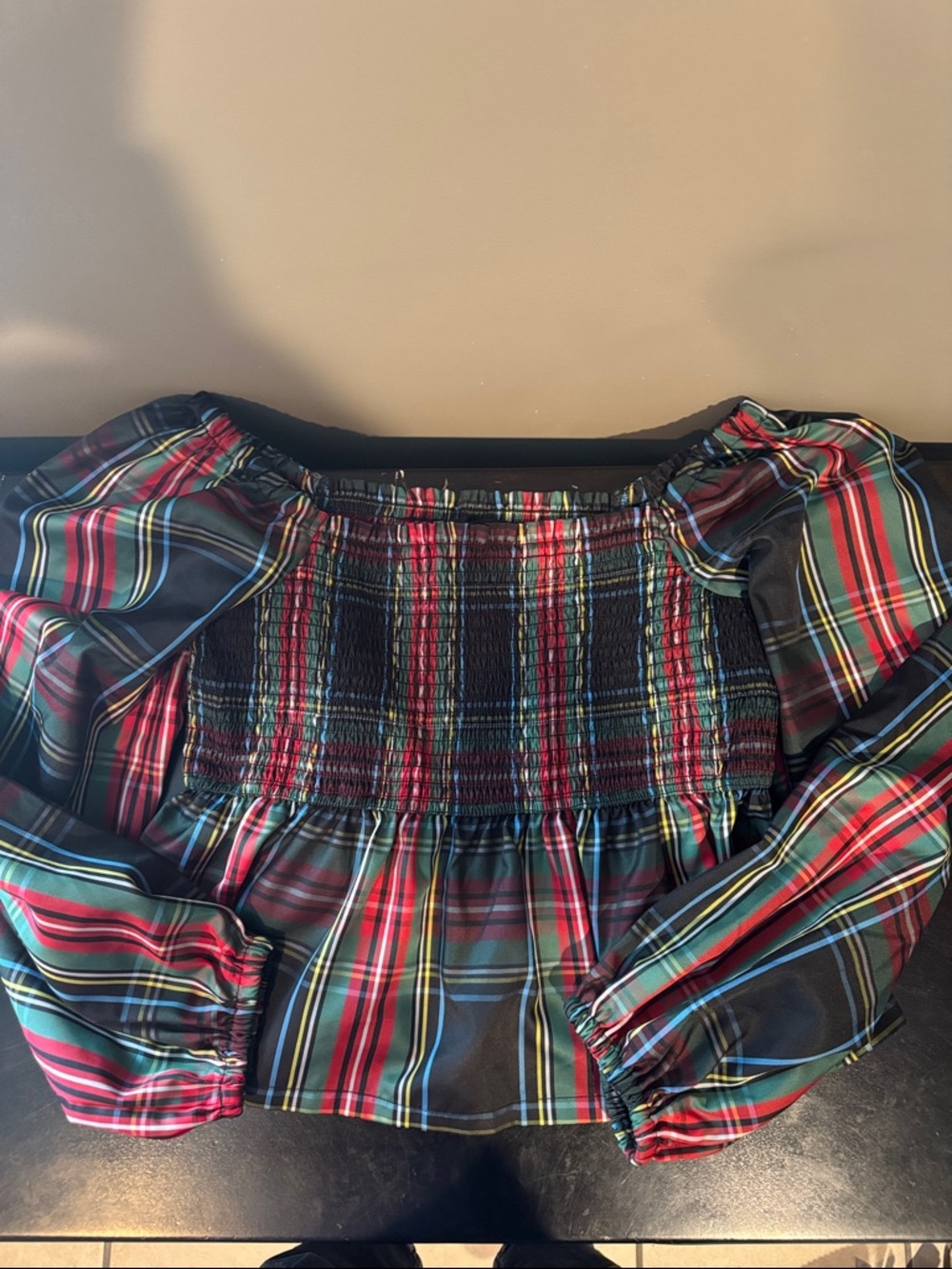 J. Crew Multicolor Plaid Smocked Off-Shoulder Top